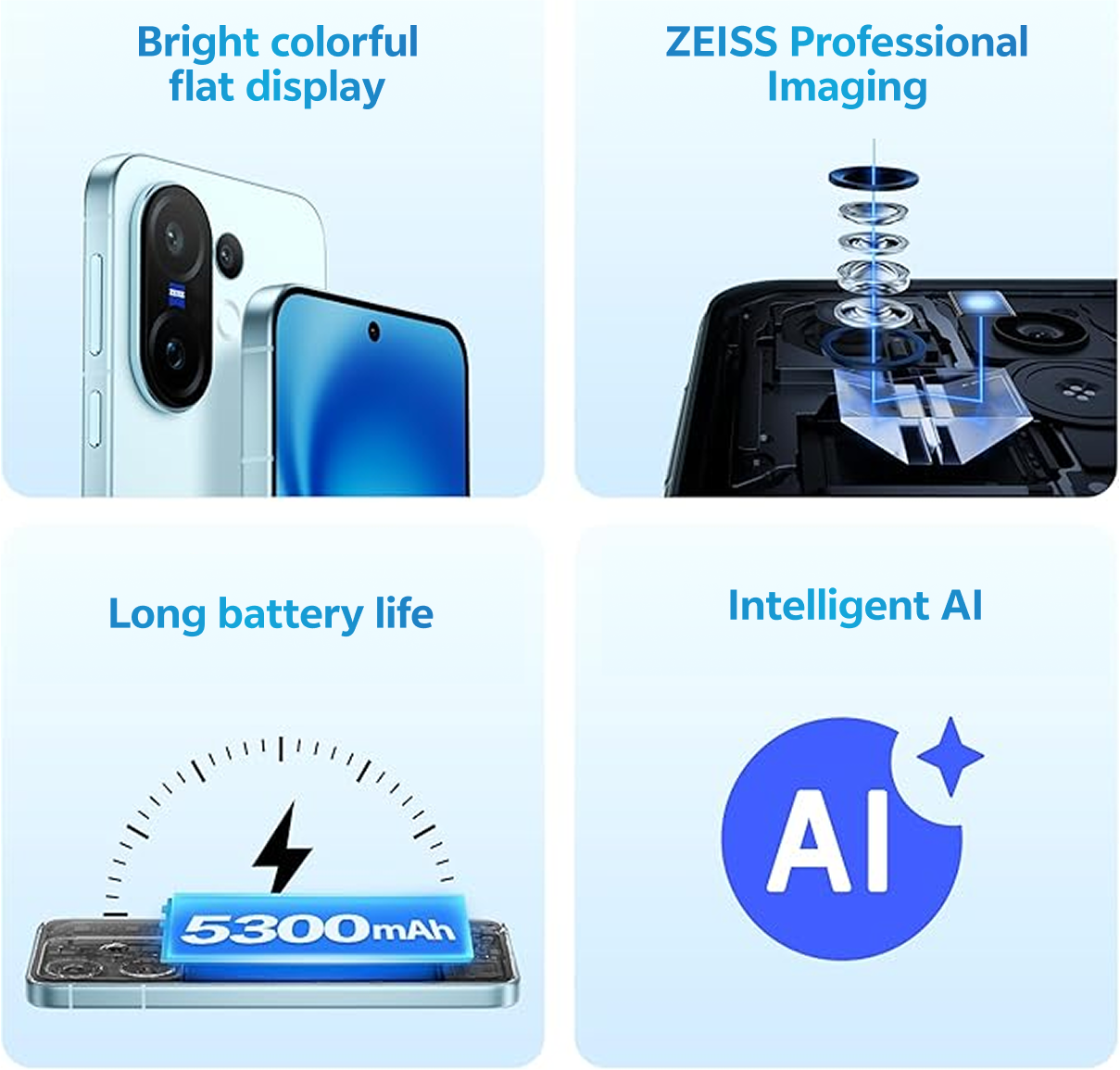 VIVO X200 FE features including bright colorful display, ZEISS imaging, long battery life, and intelligent AI.