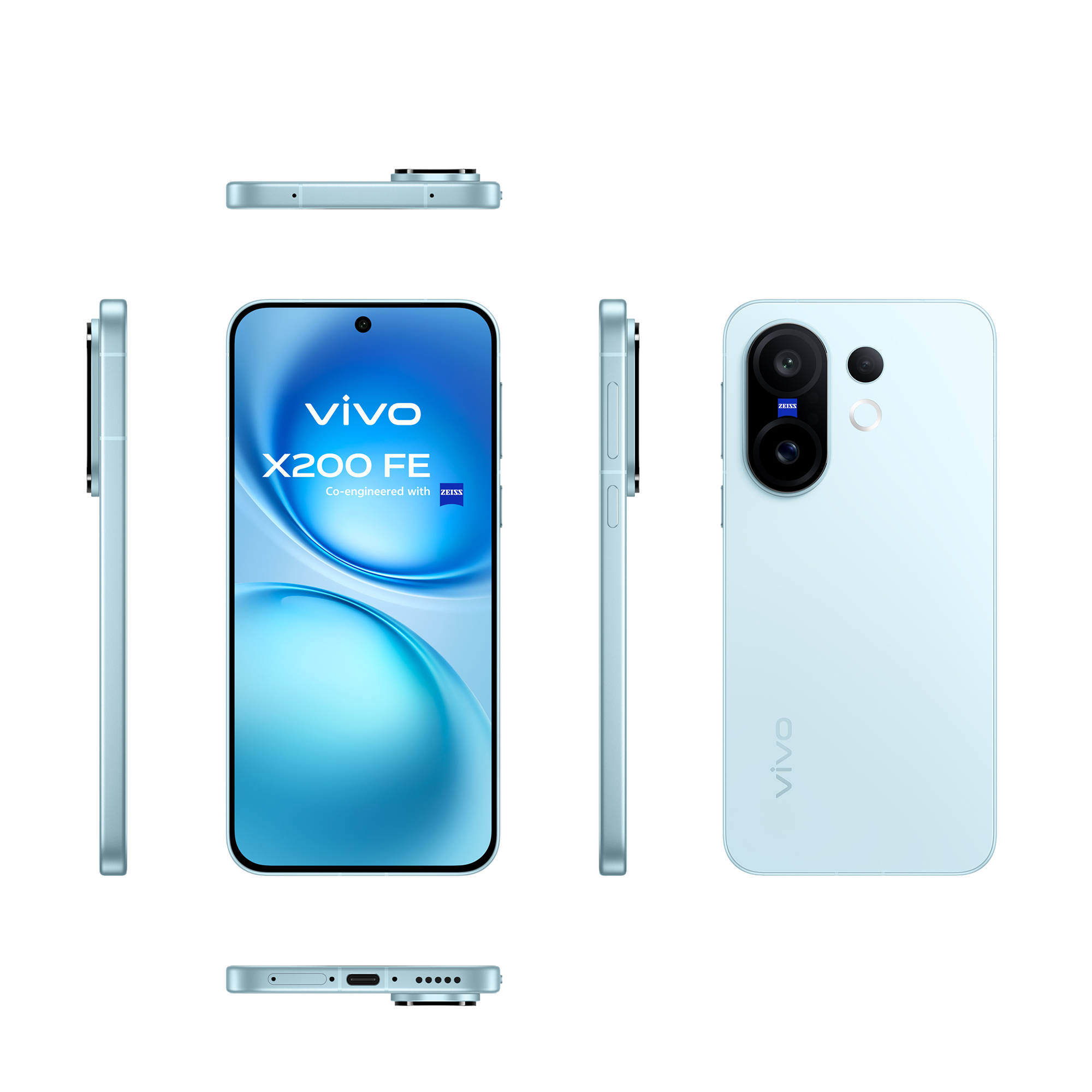 VIVO X200 FE smartphone showing front, back, and side views on a white background