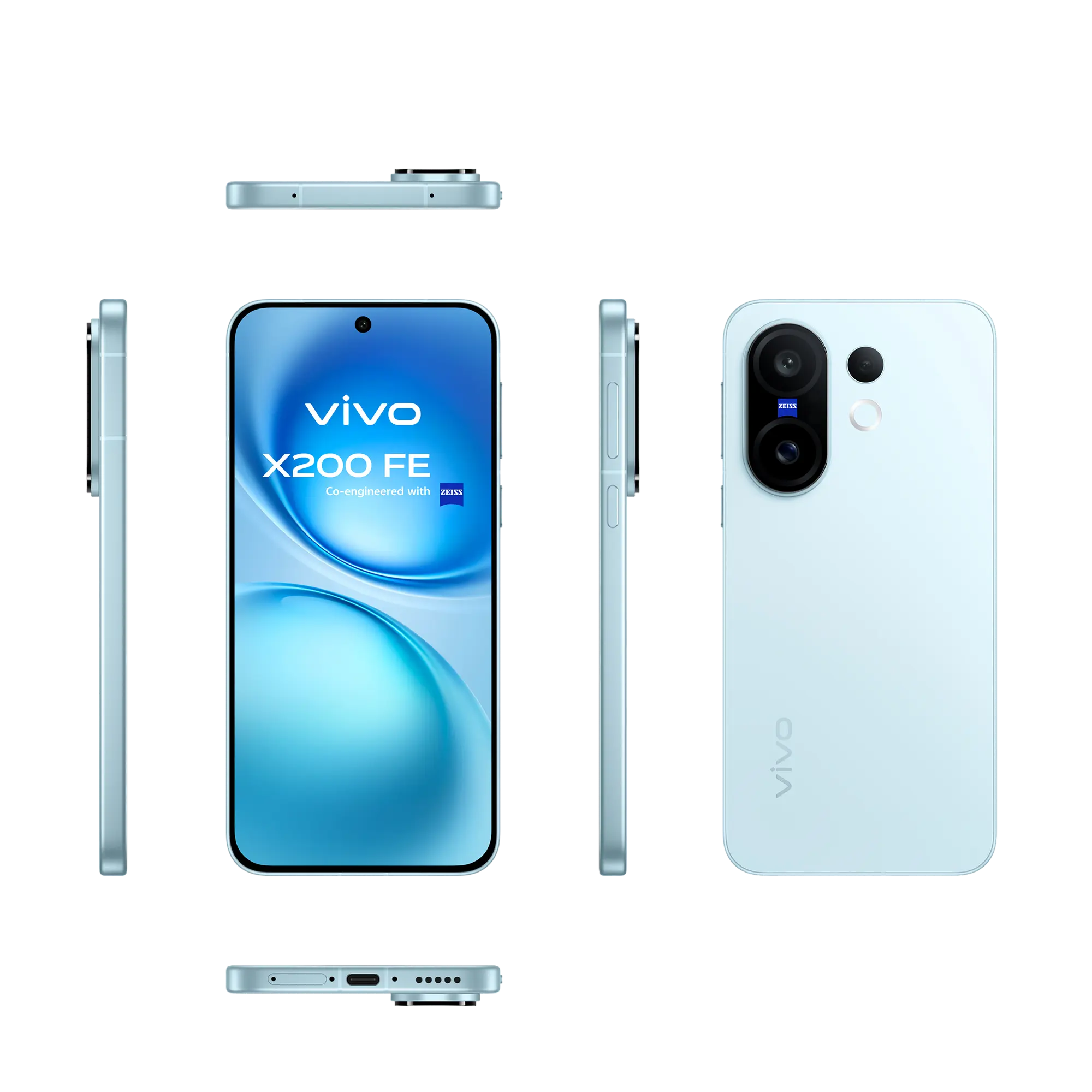 VIVO X200 FE smartphone showing front, back, and side views on a white background