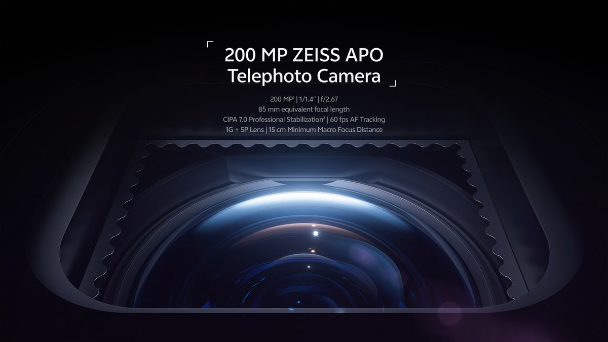 ZEISS camera specifications: main, 200 MP APO telephoto, ultra wide-angle and multi-zone laser focus sensor